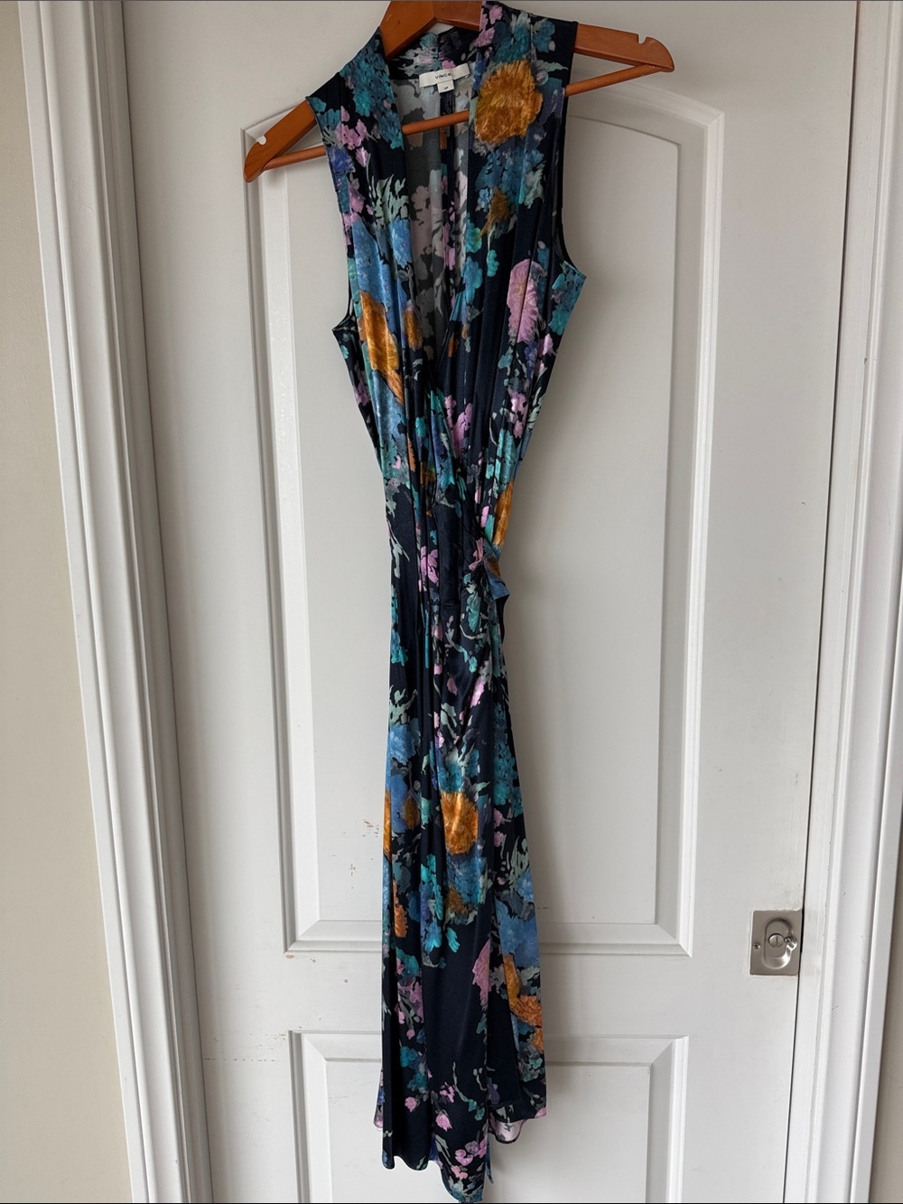 Vince Black Wrap Dress with Teal, Gold & Pink Floral Print